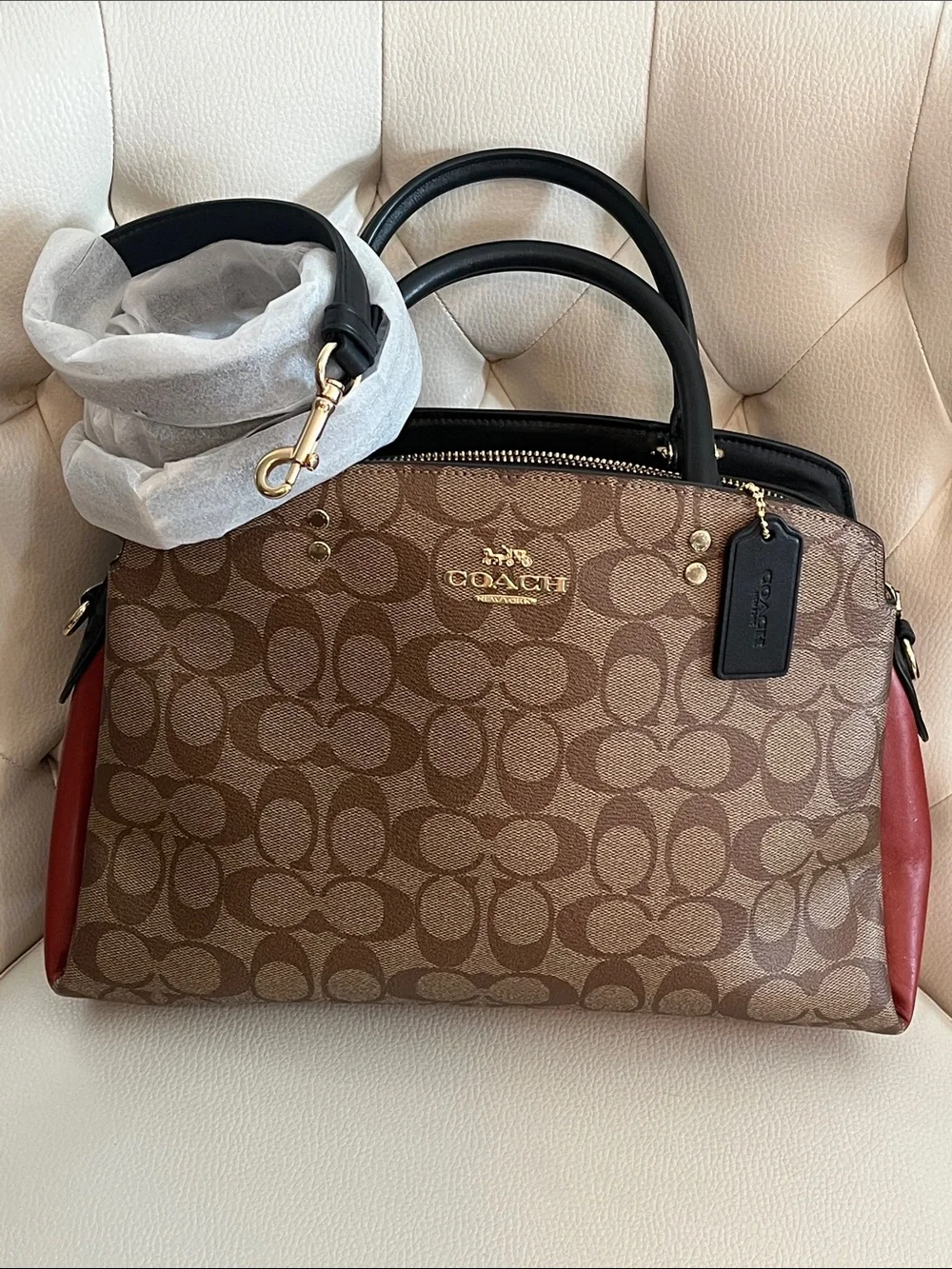 Coach Brown Signature Leather Satchel Rust Side Panels crossbody  Eye Catching